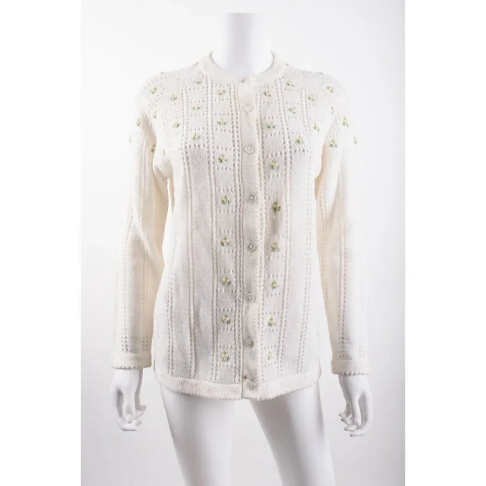 Vintage Banff Sweater Bee Womans Cardigan Sweater Sz S White Flowers embroidery